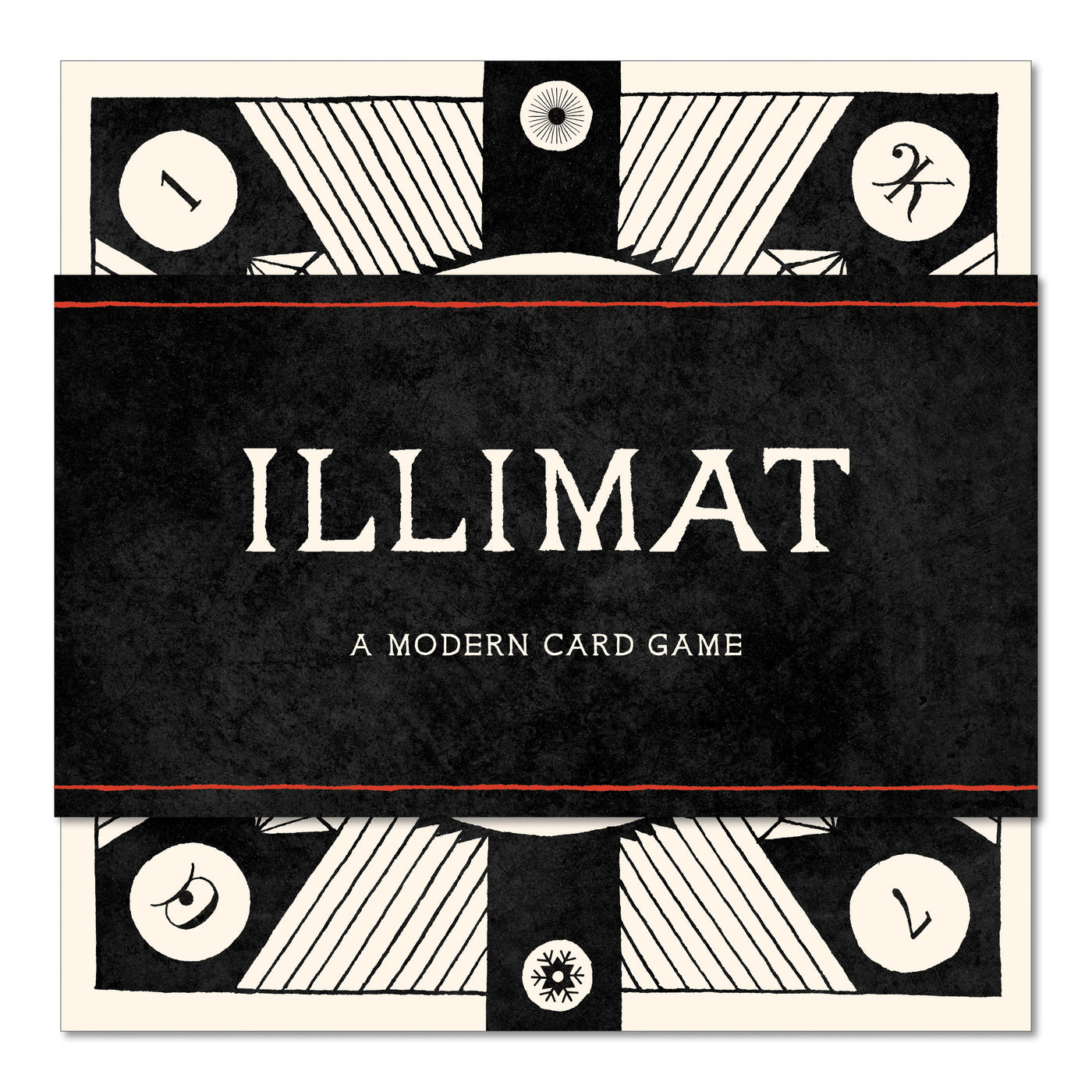 The front of the Illimat box, which is white with black thin stripes 